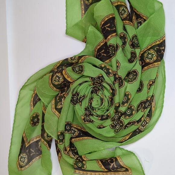Vintage 60s Green Western Scarf Sheer Rayon Bandana Style Japan 27" Square - Picture 5 of 10